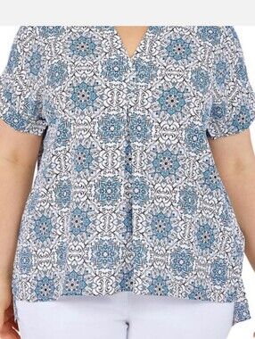 Ruby Rd. Mosaic Floral V-Neck Tunic Boho Top Pleated - PM